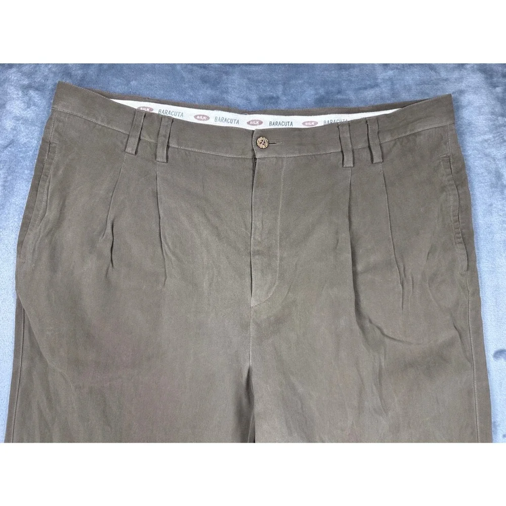 Baracuta Mens 42 100% Silk Pleated Trousers Olive Brown Herringbone Wide Leg